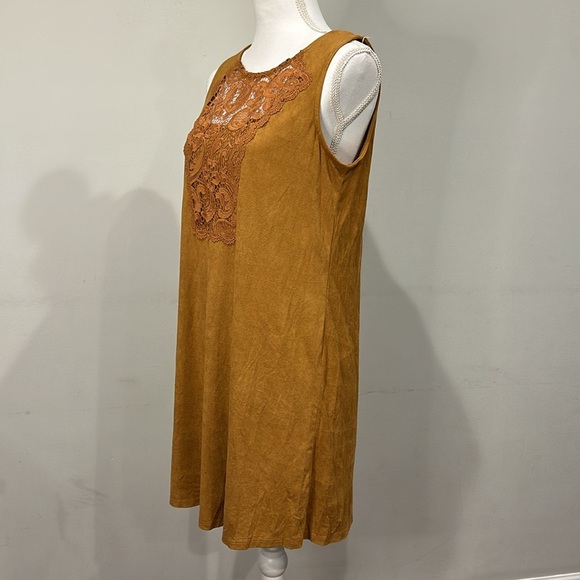 Xhileration Knee Length A-line Tank Dress Floral Lace Neckline Brown Suede - Picture 3 of 6